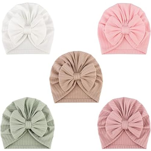 DRESHOW BQUBO 5 Pieces Newborn Baby Turban Hats Bow Baby Infant Beanie Breathable Toddler Cap for Baby Girls