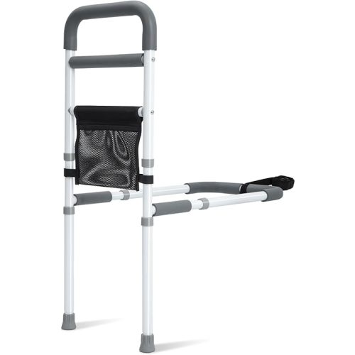 Bed Rails for Elderly Adults Safety - Adjustable Bed Assist Rail for Seniors Fall Prevention with Support Leg, Bedside Grab Bar Cane with Storage Pocket, Fits King, Queen, Full, Twin Bed