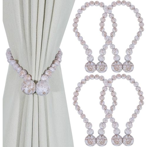 Cream - KLOGTSIND Magnetic Curtain Tiebacks, Curtain Tie Backs for Curtains 4 Pack, Wood Bead Curtain Tiebacks, Curtain Holders for Boho Bedroom Decor, Baby Nursery Decor, Farmhouse Decor