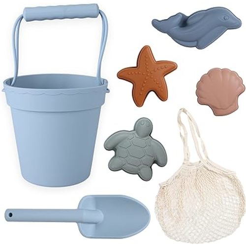 BLUE GINKGO Modern Baby Sand Toys | Travel Friendly | Silicone Bucket, Shovel, 4 Molds, Beach Bag for Toddlers, Kids - Blue