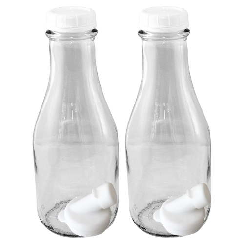 1 Qt Glass Milk Bottle 32 Oz Tall/Round Style with Snap-on and Pour Spouts (2 pack)
