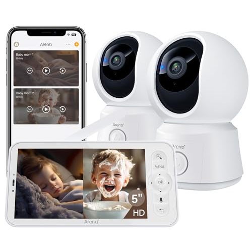 ARENTI Baby Monitor 2 Cameras, Smart Baby Camera with 5-Inch Wireless Display, Super Night Vision, Temperature Sensor, Sound Detection, Auto Motion Tracking, 2-Way Audio, VOX Mode(B2 Set)