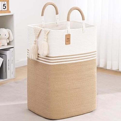 Laundry Basket Hamper,Blanket Storage,Dirty Clothes Hamper with Swivel Handles,Woven Cotton Rope Toy Baskets,Blanket Basket Living Room,Decorative Hampers for Nursery,Bedroom,White & Brown,60L