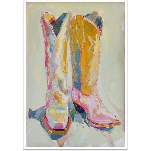 Colorful Cowboy Boots Wall Art Vintage Abstract Cowgirl Boho Prints Western Funky Aesthetic Canvas Posters Preppy Paintings Country Decor Pictures for Girls Living Room Bedroom 12x16inch Unframed