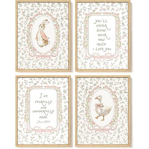 SkyCozy Baby Girl Nursery Decor- Pink Floral Goose Christian Nursery Wall Art Decor, Cottagecore Bunny Poster & Prints Wall Art for Girl Nursery Room Bedroom Decor 12x16Inch Set of 4 (UNFRAMED)