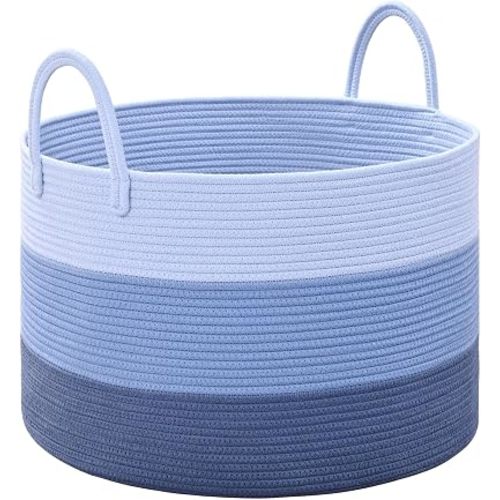 67L Large Woven Blanket Basket, Cotton Rope Baby Laundry Hamper with Handles, Kids Toy Basket for Classroom & Nursery, Soft Round Stuffed Animal Storage, Dog Toy Bin - 20"x13", Blue