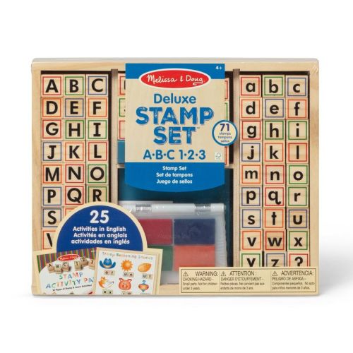 Melissa & Doug Deluxe Letters and Numbers Wooden Stamp Set ABCs 123s With Activity Book, 4-Color Stamp Pad