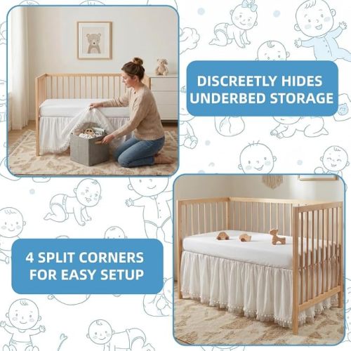 Baby Crib Skirt 100% Cotton with Pompoms Pleated Dust Ruffle for Unisex Baby Boys or Girls Soft Breathable Nursery Crib Toddler Standard Bedding Skirt 28" x 52" with 14" Drop (White)