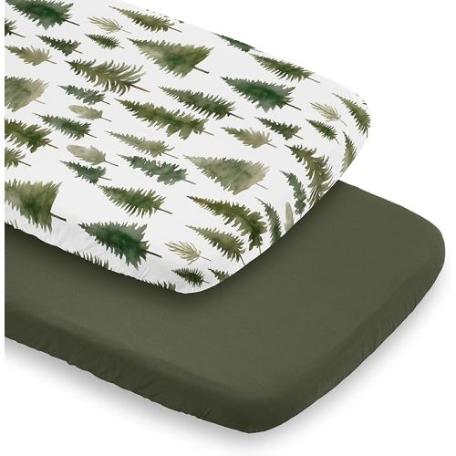 Sweet Jojo Designs 2-Piece Baby Bassinet Sheets Set (Sage Green Woodland) for Girls/Boys, Infant Newborn Nursery, Oval, Rectangle & Hourglass Mattress (Solid Hunter & Forest Themed, Nature, Pine Tree)