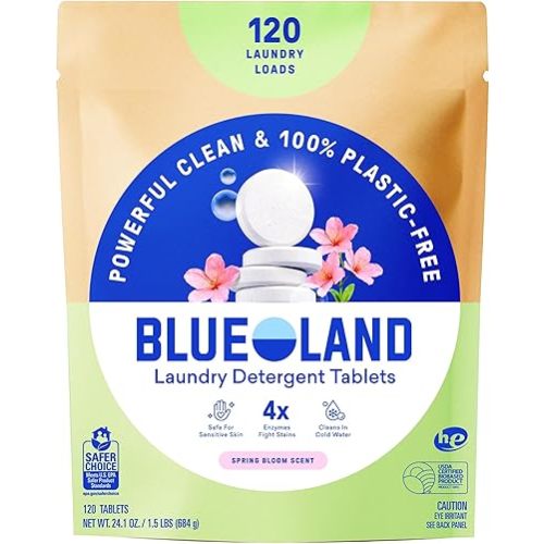 BLUELAND Laundry Detergent Tablets, 120 Count, Spring Bloom Scent, Plastic-Free Eco-Friendly Pods, Sheets, Liquid Alternative - Safe for Sensitive Skin, Gentle