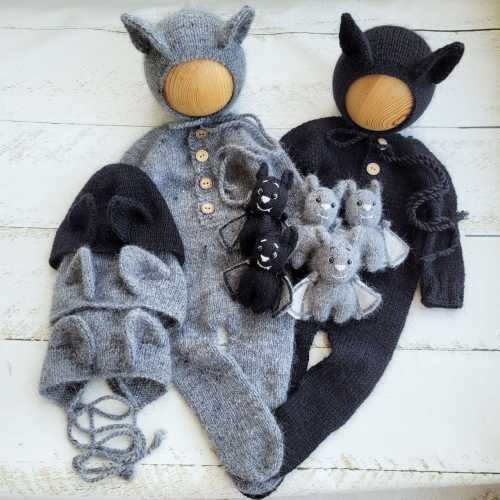 Bat bonnet, romper, wrap, toy. Halloween outfit. Newborn photo props