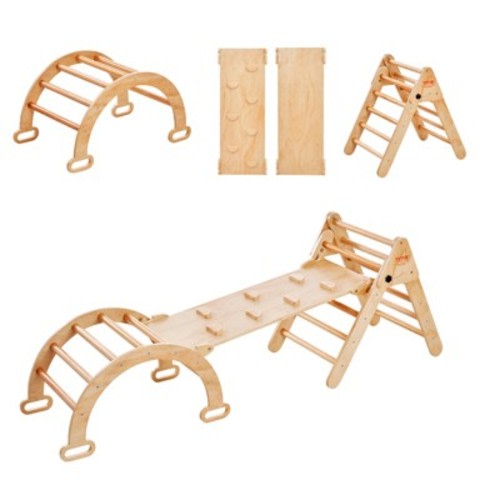 VEVOR Pikler Triangle Set, 5 in 1 Toddler Climbing Toys Indoor Playground, Ramp, and Arch, Montessori Climbing Set for Toddlers 1-3 Years, Wood Color