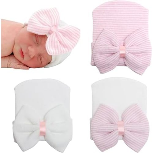 DRESHOW BQUBO Newborn Hospital Hat with Bow Cotton Infant Baby Cap Soft Cute Nursery Beanie Hat for Baby Girl Boy 0-3 Months