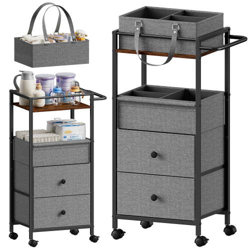 Baby Diaper Storage Cart — 3-in-1 Mobile Cart (with Wheels) Featuring Detachable Storage Baskets and Adjustable Dividers — Storage Solution (Black)