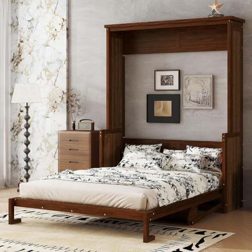 Queen Size Wooden Murphy Bed with Storage Shelf and Gas Struts, Space-Saving Hidden Wall Bed, Cabinet Beds for Guest Room Home Office, Walnut