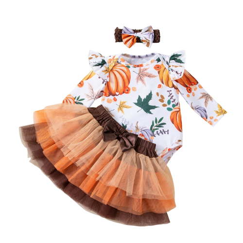 Kogui Baby Set Autumn and Winter Outfit for Baby Girl Bodysuit and Skirt with Bow Headband Clothes 3 Pcs Set 0 3 6 9 12 18 24 Months (Orange,3-6 Months)