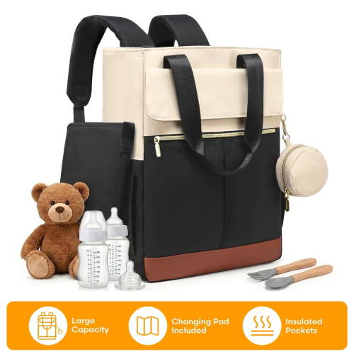 Baby Diaper Backpack with Changing Pad, Diaper Bag Backpack with 13 Pockets & Insulated Bottle Holders, Waterproof Travel Diaper Bag for Mom and Dad, Black Brown