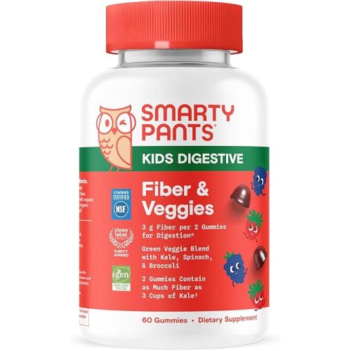 SmartyPants Kids Fiber & Veggies: Prebiotic Fiber Gummies for Kids, Fiber Supplement with Inulin, Organic Green Veggie Blend, Vegan, Gluten Free, Mixed Berry Flavor, 60 Count (30 Day Supply)