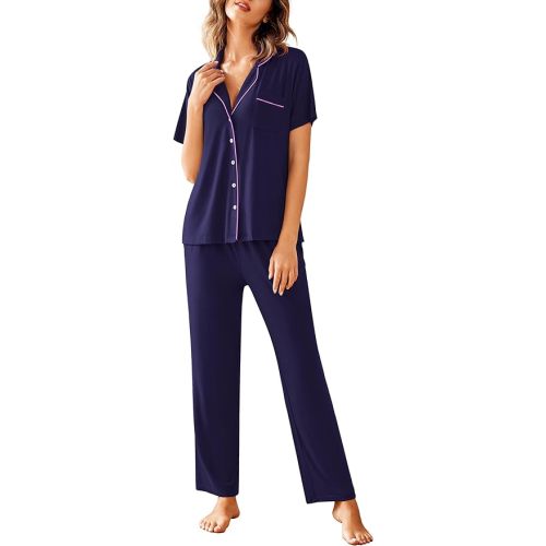 Avidlove Women Pajamas Set Notch Collar Soft Sleepwear Pjs Short Sleeve Button Down Nightwear with Long Pants