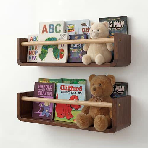 Ovalo Nursery Book Shelves Set of 2 - Solid Pine Wood Nursery Bookshelf, Floating Nursery Shelves for Wall, Wall Bookshelf for Kids Room, No-Assembly Wall Mounted Baby Book Shelf. (Walnut Brown)