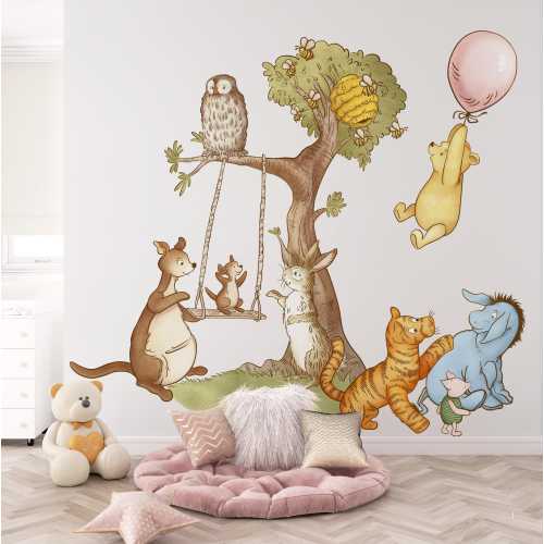 Large Winnie the Pooh and Friends Wall Decal Kids Room, Winnie Bear Themed Nursery Tree Wall Art Toddler Boy Bedroom Girl Playroom Decor
