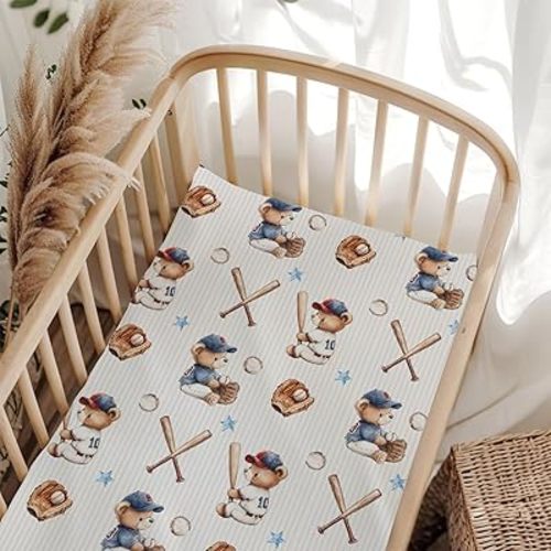 Cute Baseball Bear Star Stripe Baby Crib Sheets for Boy Girl 52x28x9 in Sport Bears Animal American Patriotic Fitted Crib Mattress Cover for Sports Lover Gift Standard Crib Bed Sheet