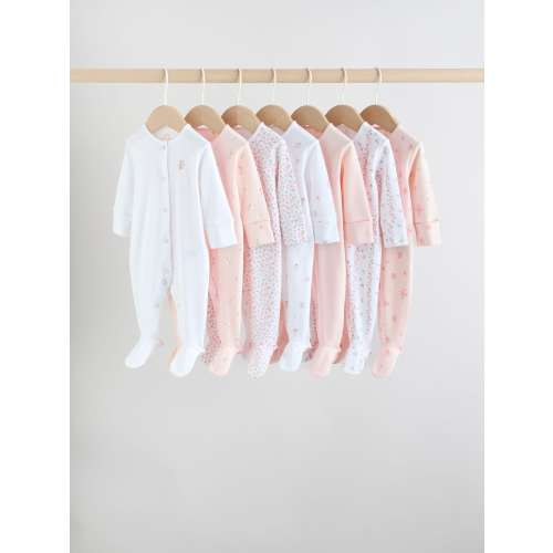 White/Pink 7 Pack Baby Sleepsuit (0-2yrs)
