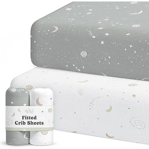 Crib Sheets Neutral - Fitted Baby Crib Sheets Bed for Girl Boy - 2 Pack Standard & Toddler Mattress (Galaxy, Moon, and Stars) - Buttery Soft Organic Cotton Blend