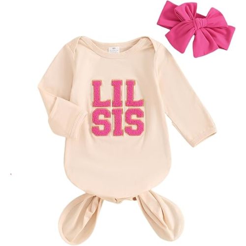 Merqwadd Lil Bro/Sis Newbron Boy Girl Gown Knotted Romper Infant Coming Home From Hospital Outfit