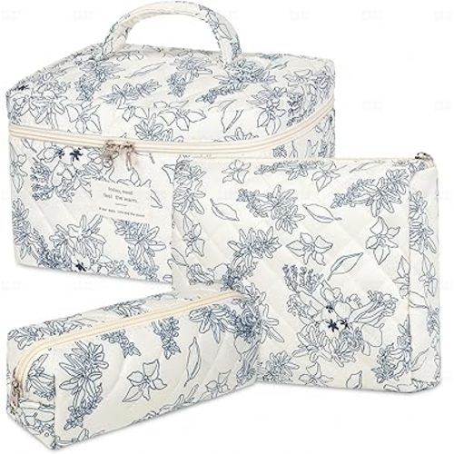 senbowe Floral Makeup Bag, 3 Pack Large Cotton Quilted Makeup Bag Set, Cute Floral Coquette Aesthetic Toiletry Bag Make Up Cosmetic Bag for Women, Toiletry Travel Make Up Organizer Bag