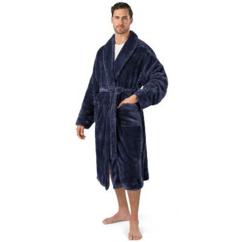 PAVILIA Mens Soft Robe, Plush Fluffy Fleece Bathrobe Men, Long Faux Shearling Shaggy Spa with Shawl Collar (Navy Blue, Large-X-Large)