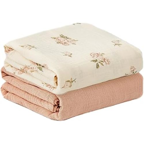 insular Muslin Swaddle Blankets for Boys Girls, 2 Pack Receiving Baby Blanket Large 47 x 47 inches, Soft Breathable Swaddling Wrap for Unisex Newborn, Rose&Pink