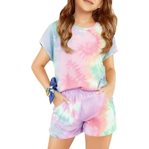 Haloumoning Girls Summer Outfits Casual Lounge Set Cap Sleeve T Shirt and Elastic Waist Shorts 2 Piece Clothing Sets