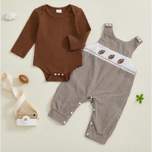 Baby Boy Fall Outfits Solid Ribbed Long Sleeve Romper And Rugby Embroidered Plaid Overall Pants 2 Pcs Set
