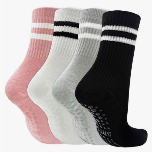 Pilates Socks with Grips for Women, Non Slip Grip Socks for Yoga, Barre & Workout, Breathable Athletic Crew Socks for Studio, Home Exercise & Daily Wear, 4 Pairs