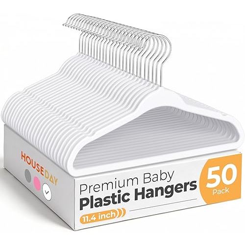 HOUSE DAY 11.4 Inch Baby Hangers 50 Pack - Plastic Kids Hangers Space Saving Thin Profile, Children Closet Organizers with Rotatable Hook of 360°, Heavy Duty for Toddler Clothes Nursery - White