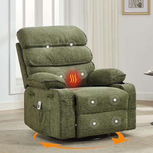 Massage Rocker Recliner with Heating,360° Swivel Glider Recliner Chairs for Adults,Linen Nursery Chair with Side Pocket,Two Cup Holders for Living Room Bedroom