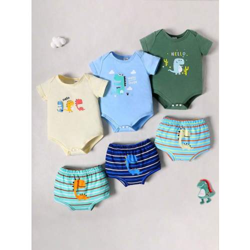 Playful Pals Baby Boy 6pcs Cute Cartoon Printed Colorful Bodysuit & Shorts Set | SHEIN USA