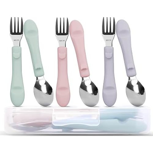 6PCS Toddler Utensils, 316 Stainless Steel Baby Safe Forks + Spoons with Silicone Handle, BPA Free Dishwasher Safe Kids Silverware Cutlery with Box, Sage/Blush/Lilac