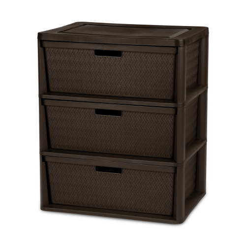 Sterilite Wide 3 Drawer Cross-Weave Tower, Versatile Storage Solution with Removable Decorative Plastic Bins, Easy to Assemble, Brown