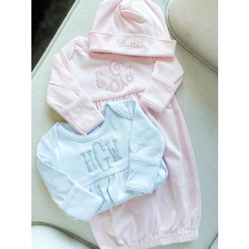 Monochromatic Personalized Embroidered Picot Trim Gown | Heirloom Gift | Monogrammed Baby | Custom Keepsake | Baby Essential