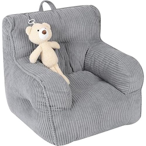 Kids Bean Bag Chair with a Plush Bear, Comfy Toddler Chair for Boys and Girls, Grey