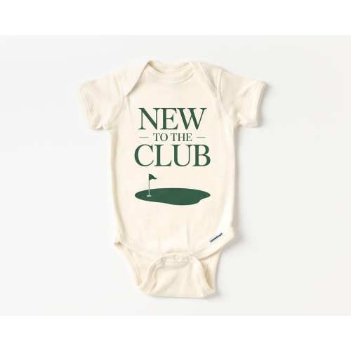 New To The Club Golf Lover Baby Onesie® - Future Golfer Pregnancy Reveal Birth Announcement Bodysuit - Golfing Natural Onesie®