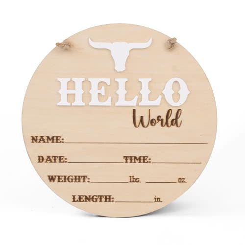 Hello World Wooden Baby Birth Announcement Sign Western Bull Head Name Plaque with 3D Lettering Stats Board for Photo Prop or Nursery Decor
