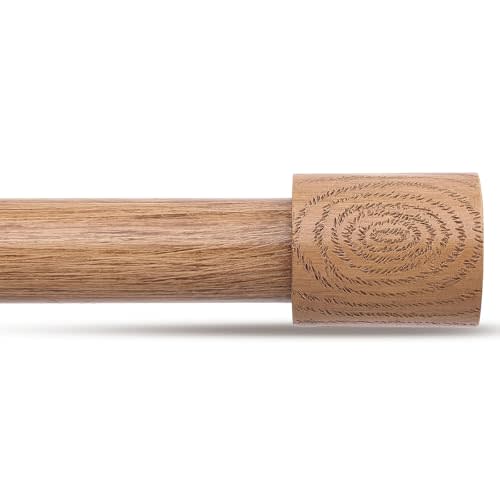 JRZOO Wood Curtain Rods, 1'' Decorative Adjustable Rustic Farmhouse Drapery Rod, Heavy Duty Boho Curtain Pole for Windows 48 to 84 Inch with Imitation Wooden Grain Finials, (Light Wood/Unique Design)