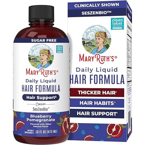 MARYRUTH'S Daily Liquid Hair Formula | With 500 mg SesZenBio™ + 2,500 mcg Biotin | Vitamin C | Thicker, Stronger Hair for Women | Hair, Skin, & Nail Health | Collagen Production | 16 Fl Oz