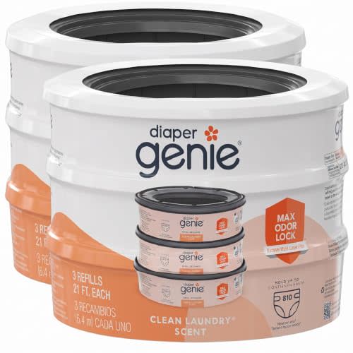 Diaper Genie Bags Refills 270 Count (Pack of 6) Clean Laundry Scent | Diaper Pail Refills with Max Odor Lock | Holds up to 810 Newborn Diapers