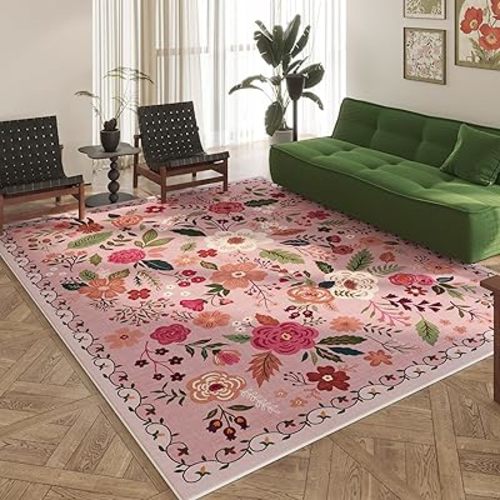 Rugcomf Area Rugs 8x10 Rug for Living Room Clearance Washable Boho Area Rug Non Slip Floral Vintage Low Pile Large Rug for Living Room, Bedroom, Farmhouse, Dining Room, Kids Playroom(Pink)