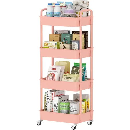 Sywhitta 4-Tier Plastic Rolling Utility Cart with Handle, Multi-Functional Storage Trolley for Office, Living Room, Kitchen, Movable Storage Organizer with Wheels, Pink