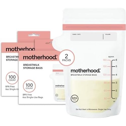Motherhood Maternity Breastmilk Storage Bags, 6 oz, 100 Count (50 Bags x 2 Pack) – Leak Proof Breast Milk Freezer Storage Bags, Pre-Sterilized & BPA Free, Self-Standing & Flat Lay